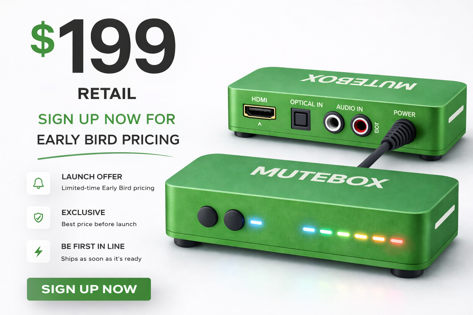 MuteBox device — front view showing LED indicators and rear view with HDMI, Optical In, and Audio In ports